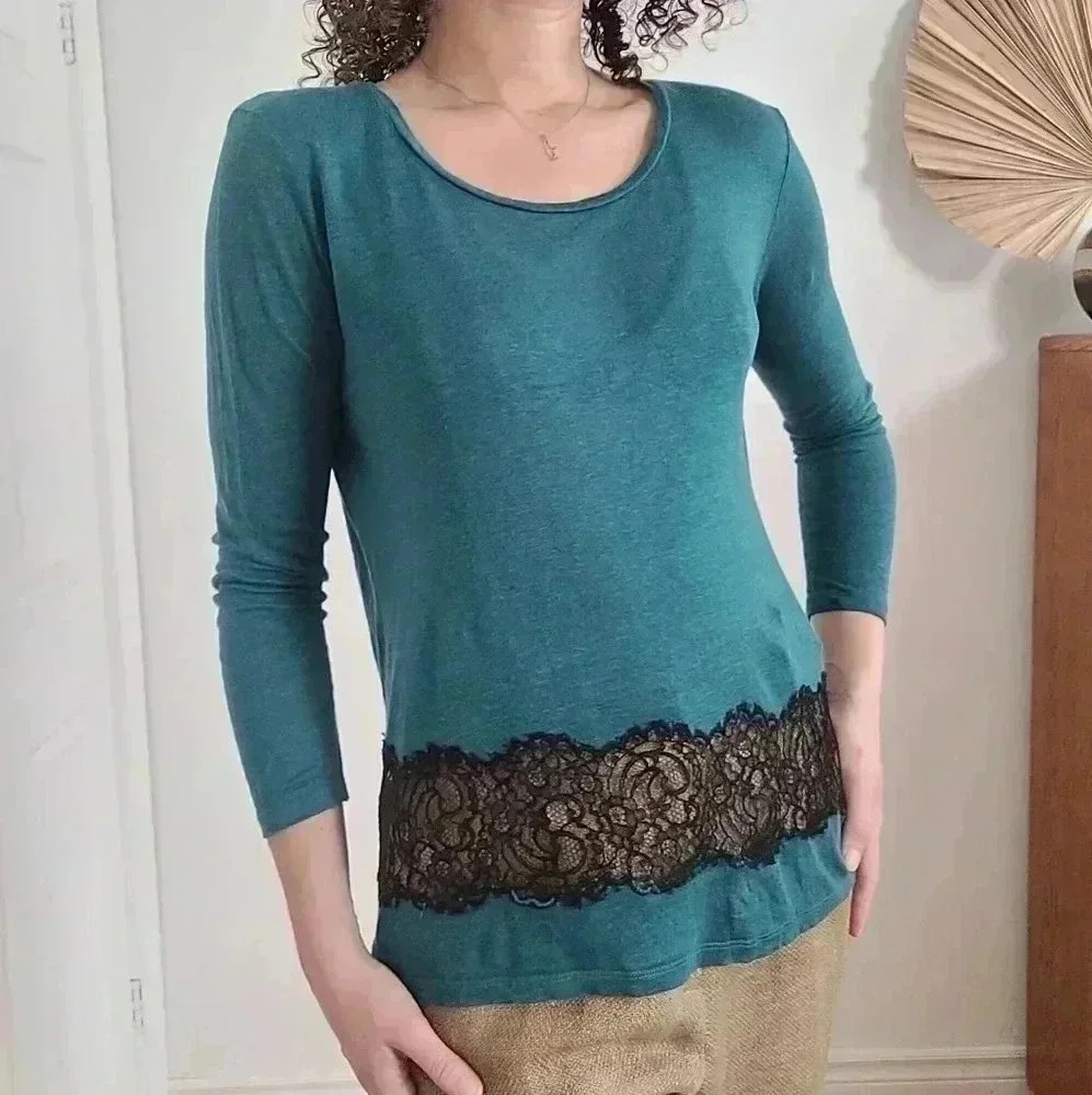 SANDRO PARIS BLUE 100% LINEN LACE INSERTS BLOUSE